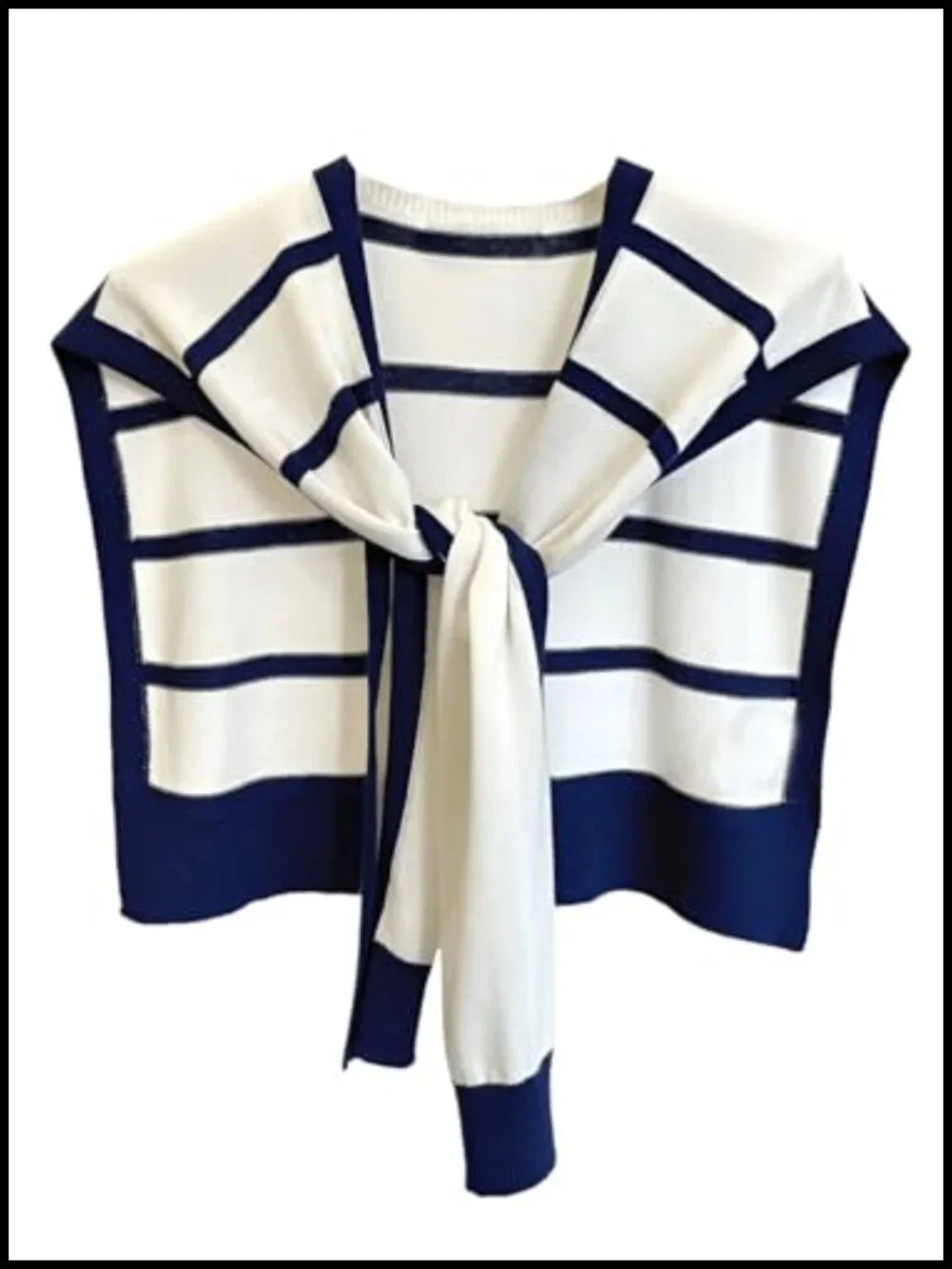 Striped Tie Front Shawl Sweater Wrap Knit Lightweight Preppy Scarf Cape